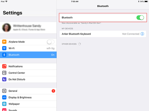 iOS PadOS Bluetooth Enabled Settings